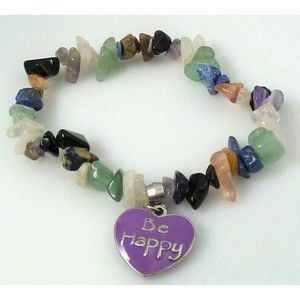Gemstone Nugget Bracelet  Purple Heart Charm Stretch Be Happy Enamel Silver Tone